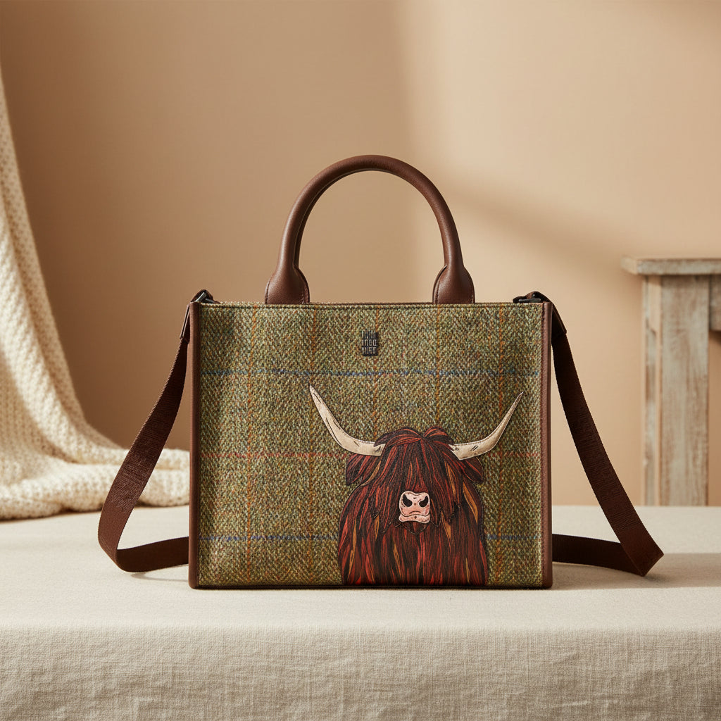 Highland cow tote bag in green tweed-effect vegan leather, front detail