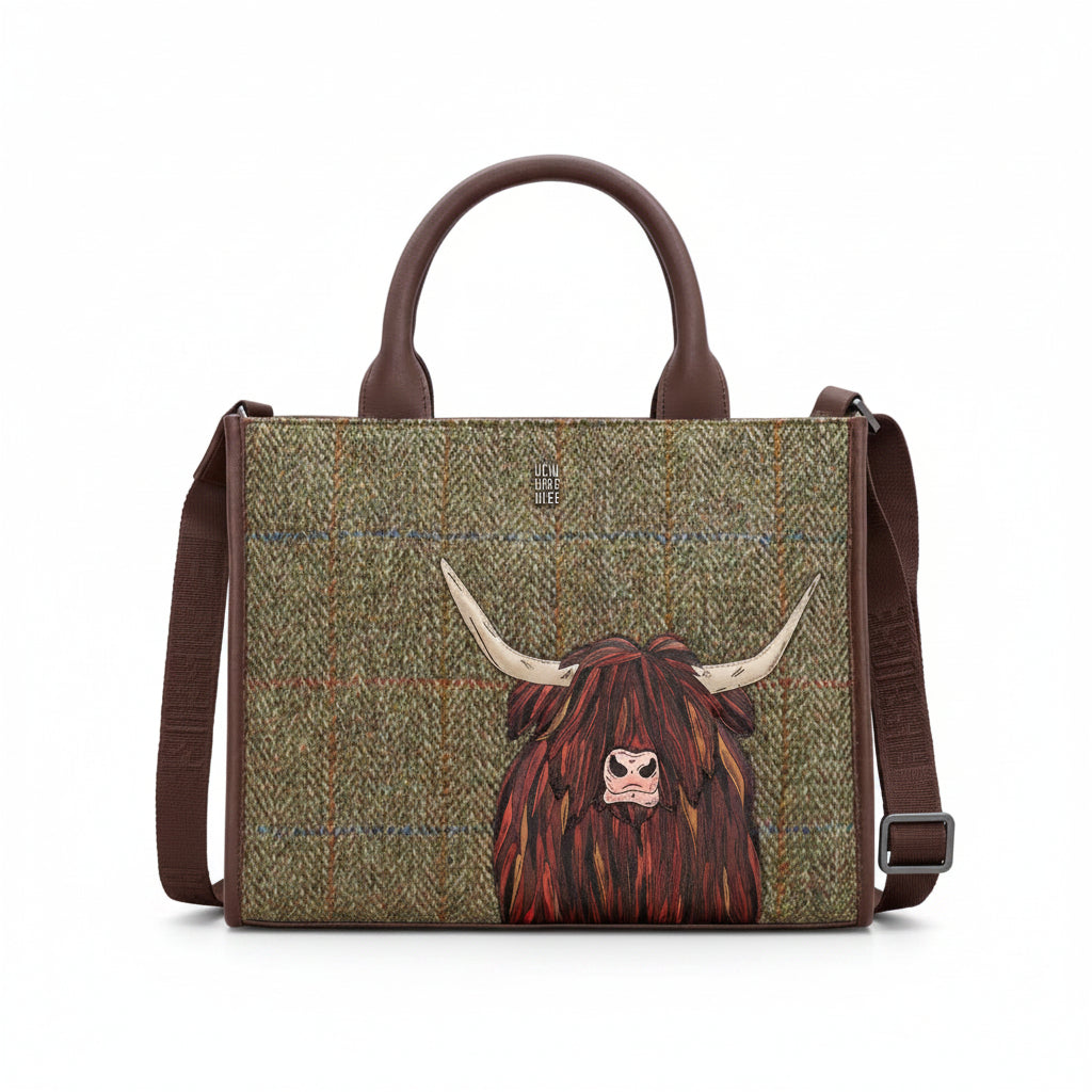 Highland cow tote bag in green tweed-effect vegan leather, front view on grey