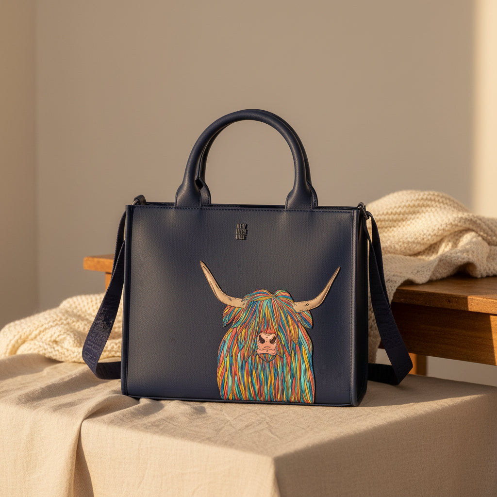 Highland cow tote bag in navy vegan leather, front detail