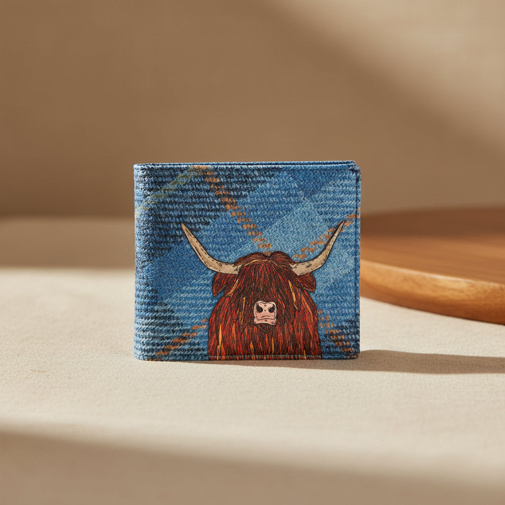 Highland cow wallet in blue tweed-effect vegan leather, front detail