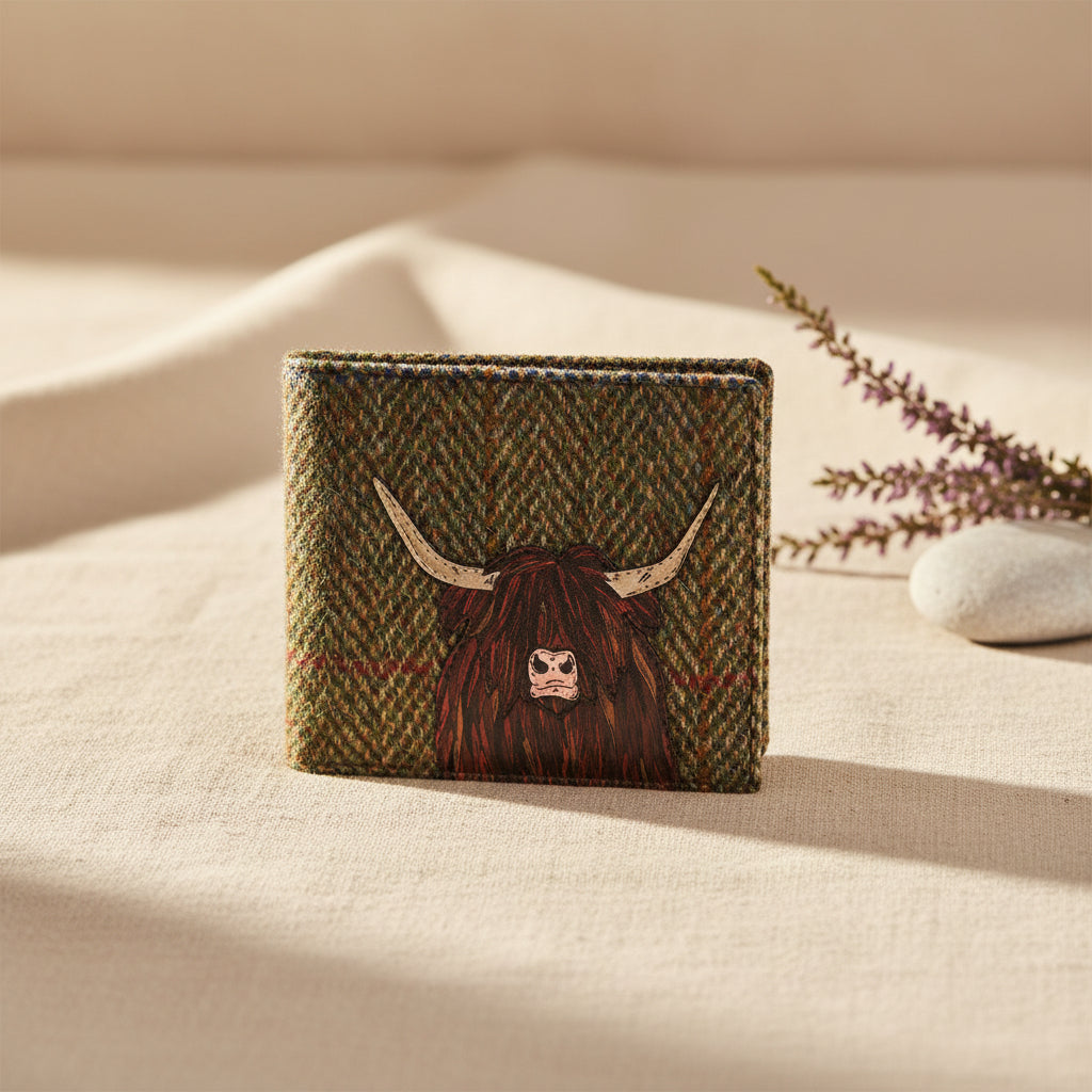 Highland cow wallet in green tweed-effect vegan leather, front detail