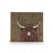 Highland cow wallet in green tweed-effect vegan leather, front view on grey