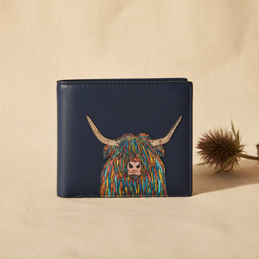 Highland cow wallet in navy vegan leather, front detail