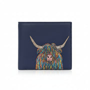 Highland cow wallet in navy vegan leather, front view on grey