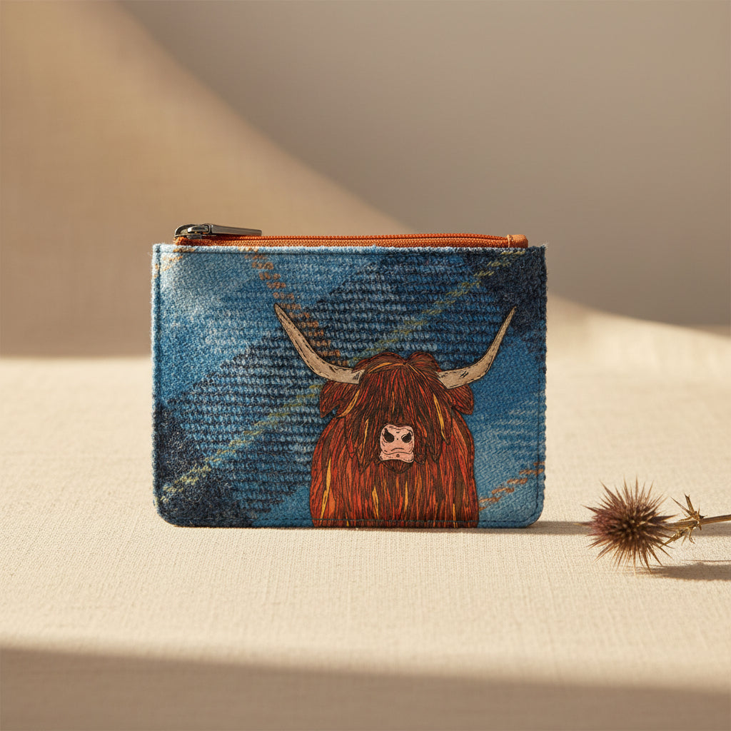 Highland cow zip-top purse in blue tweed-effect vegan leather, front detail