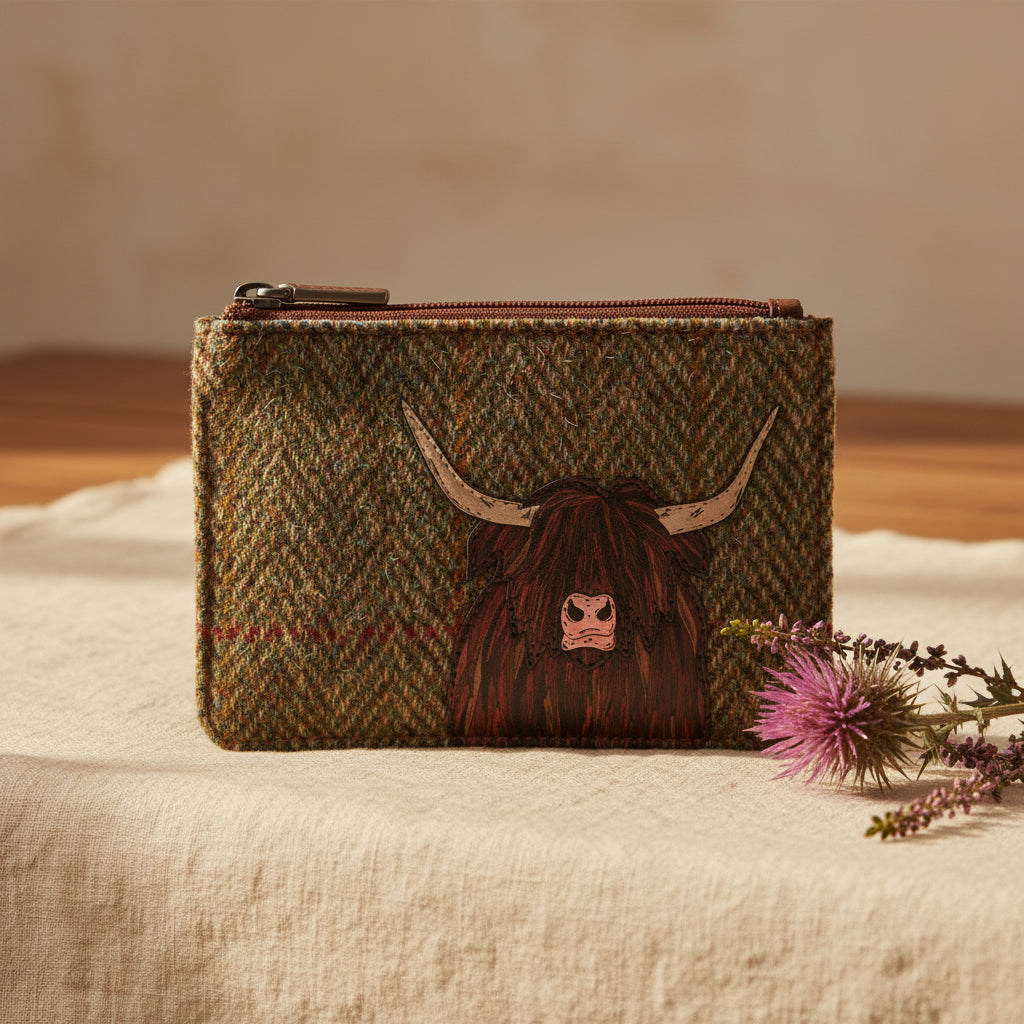 Highland cow zip-top purse in green tweed-effect vegan leather, front detail