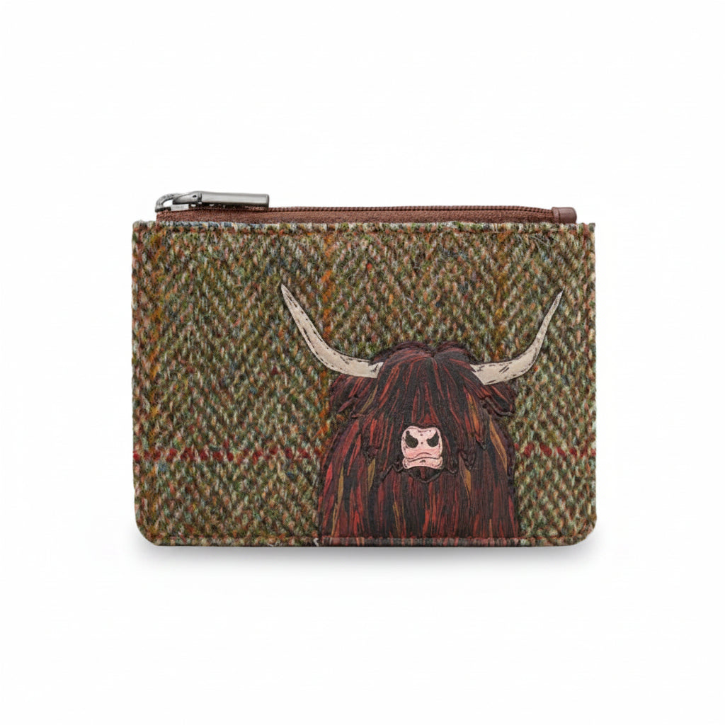 Highland cow zip-top purse in green tweed-effect vegan leather, front view on grey