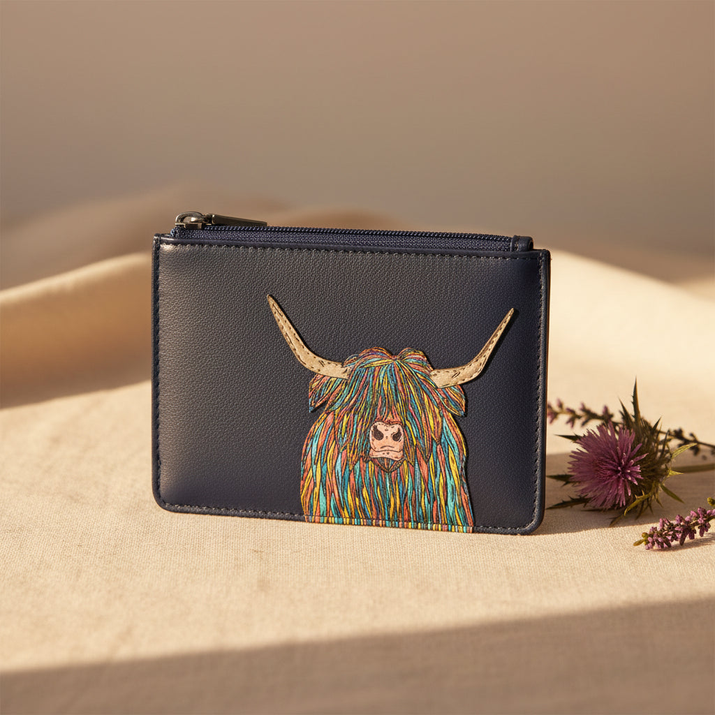 Highland cow zip-top purse in navy vegan leather, front detail