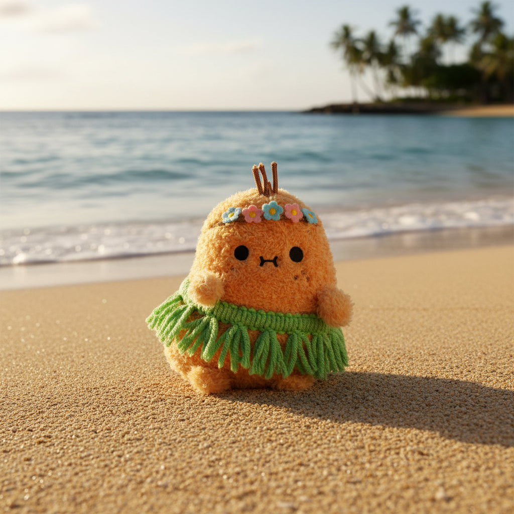 Aloha Ricespud plushie wearing a flower garland and green raffia skirt