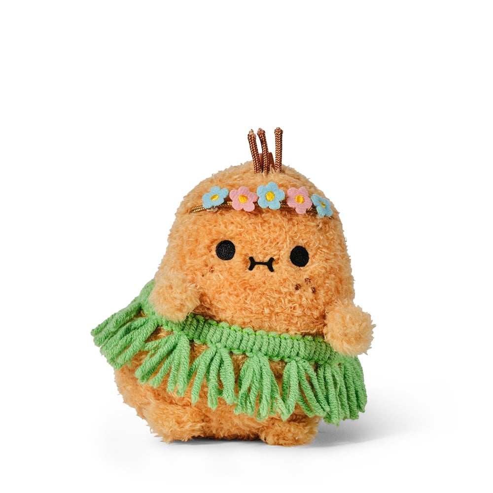 Aloha Ricespud potato plush toy in a green hula skirt on white background