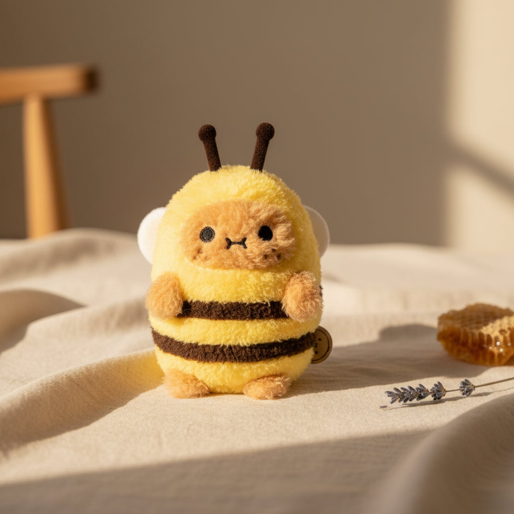 Bee Ricespud plushie wearing a fuzzy yellow and black bee costume