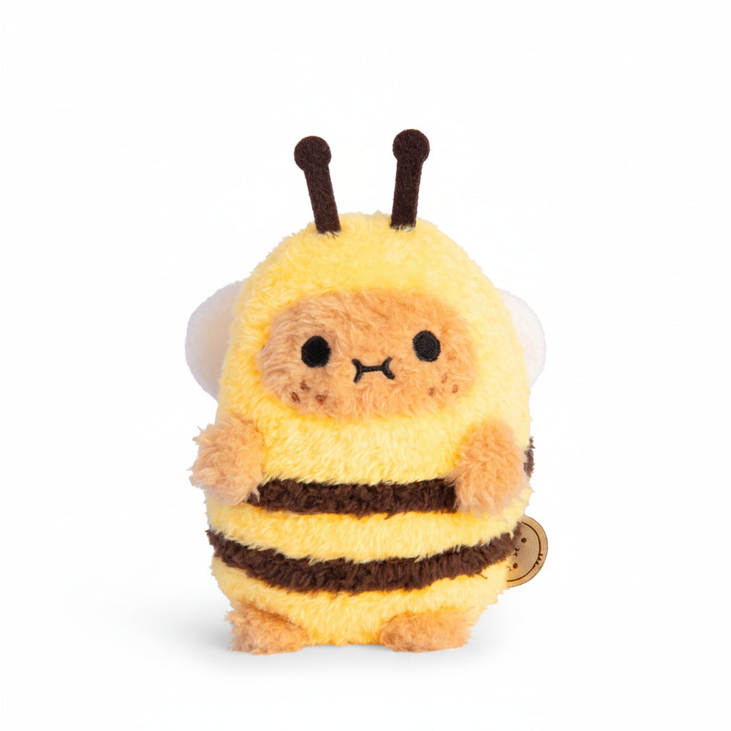 Bee Ricespud potato plush toy in yellow bee suit on white background