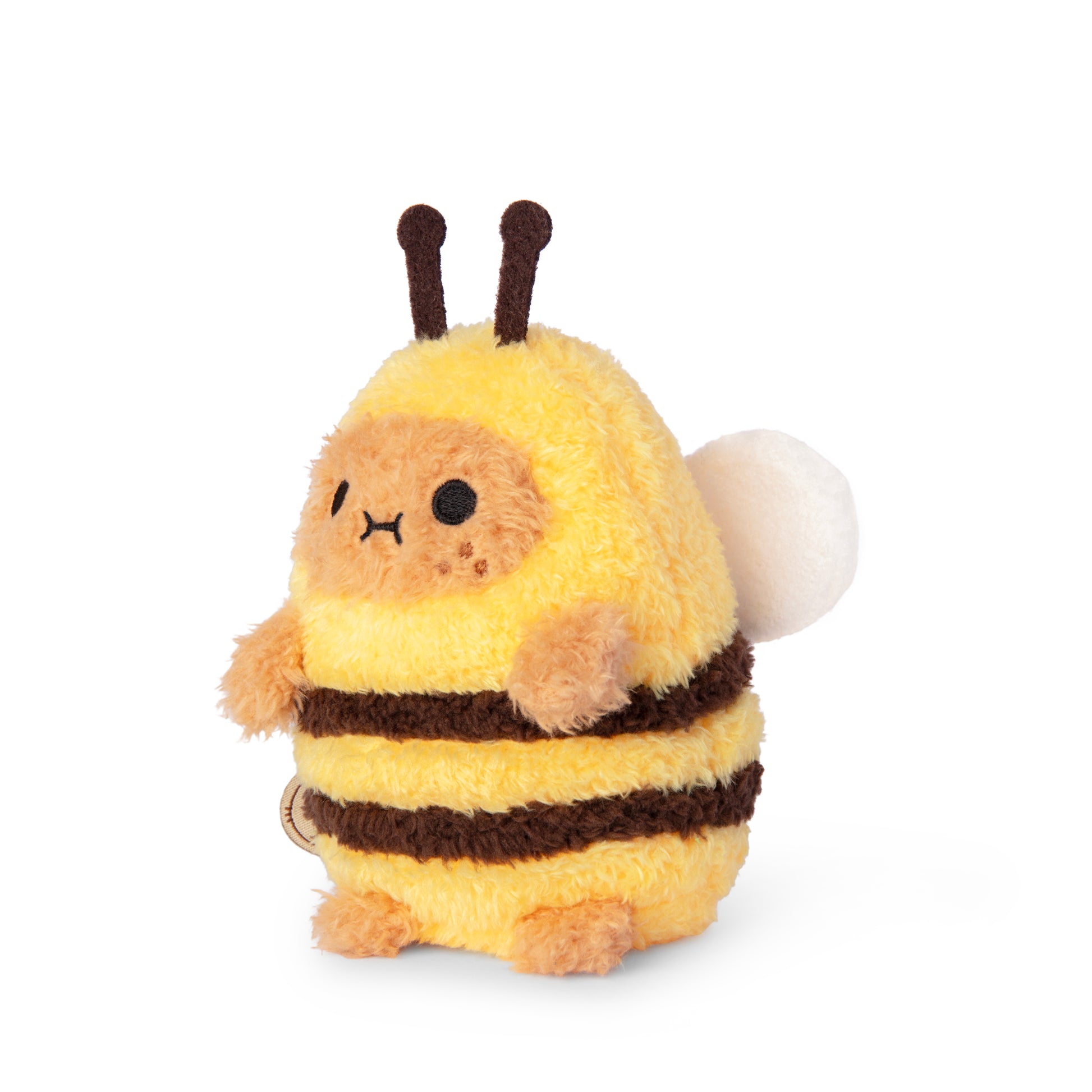 Bee Ricespud potato plushie side profile in yellow suit