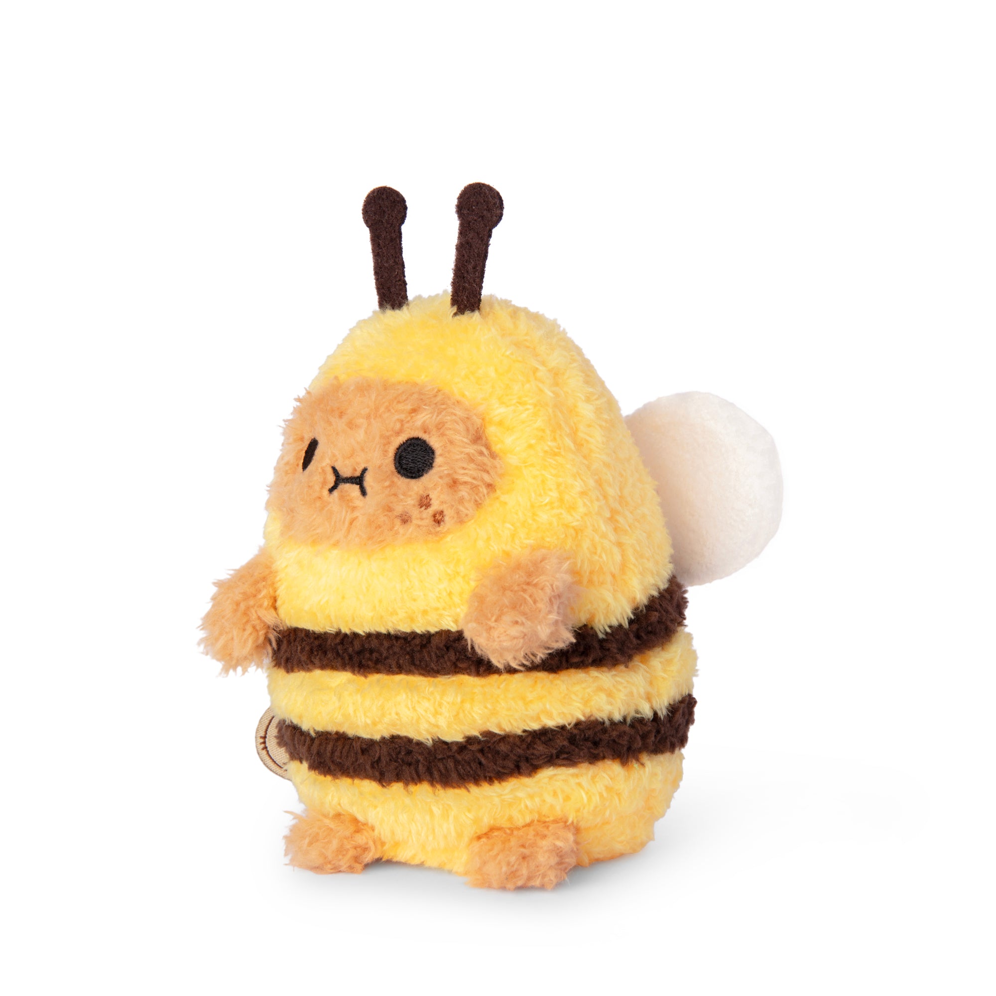 Bee Ricespud potato plushie side profile in yellow suit