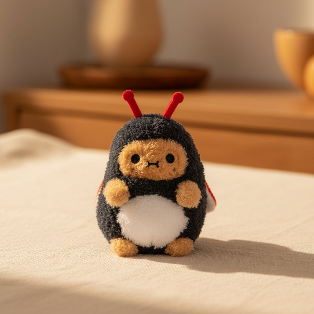 Beetle Ricespud plushie wearing a dark beetle costume with antennae