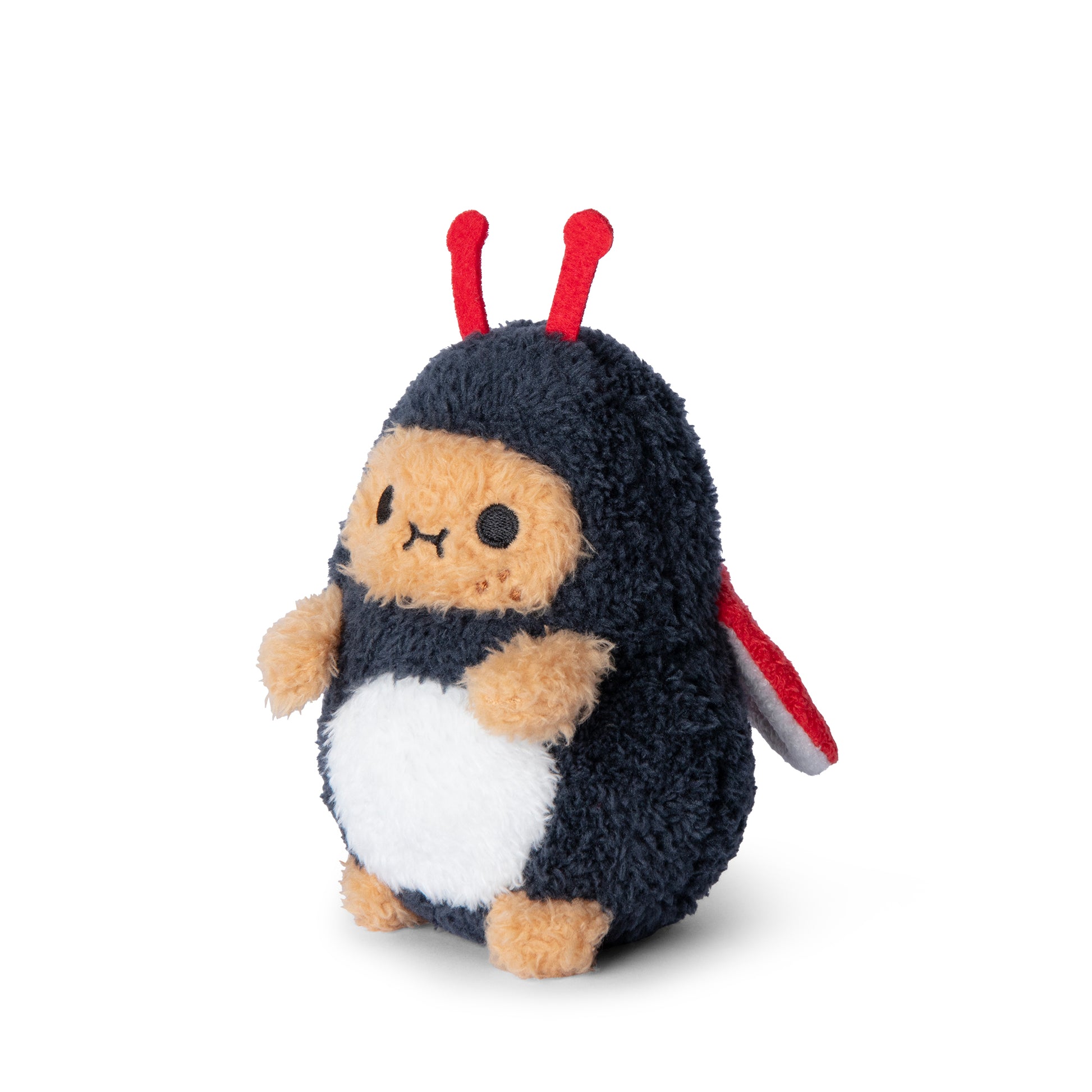 Beetle Ricespud potato plushie side profile in beetle suit