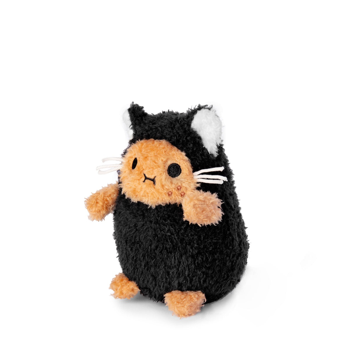 Black Kitty Ricespud plush toy seen from a three quarter angle on white