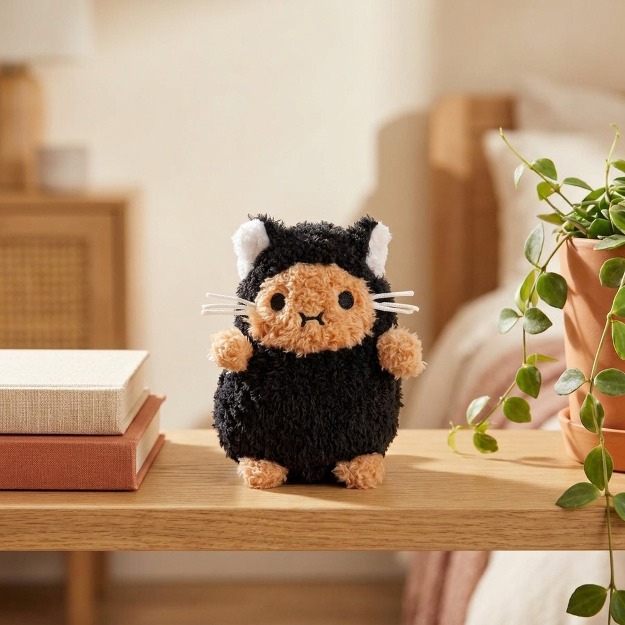 Black Kitty Ricespud plush sitting on an oak shelf beside books and a trailing plant