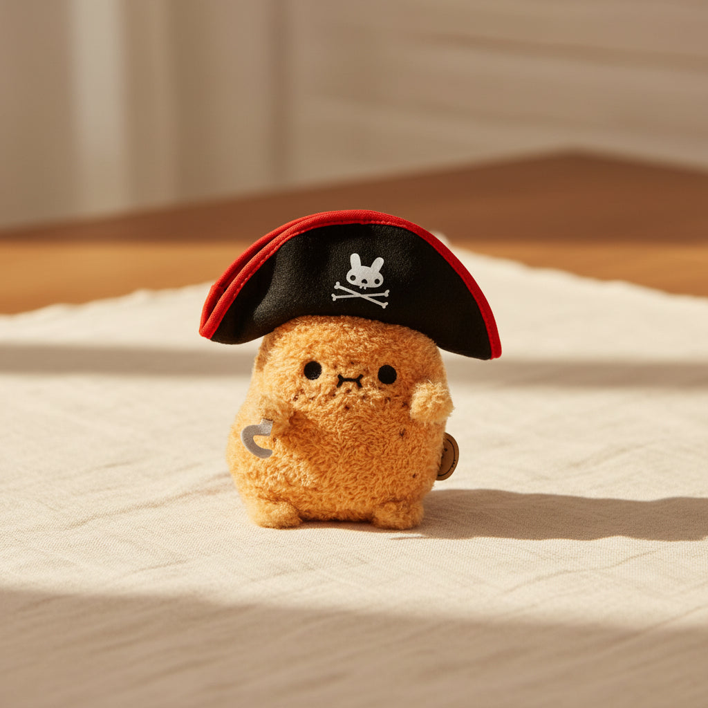 Captain Spudhook Ricespud plushie wearing a large black pirate hat