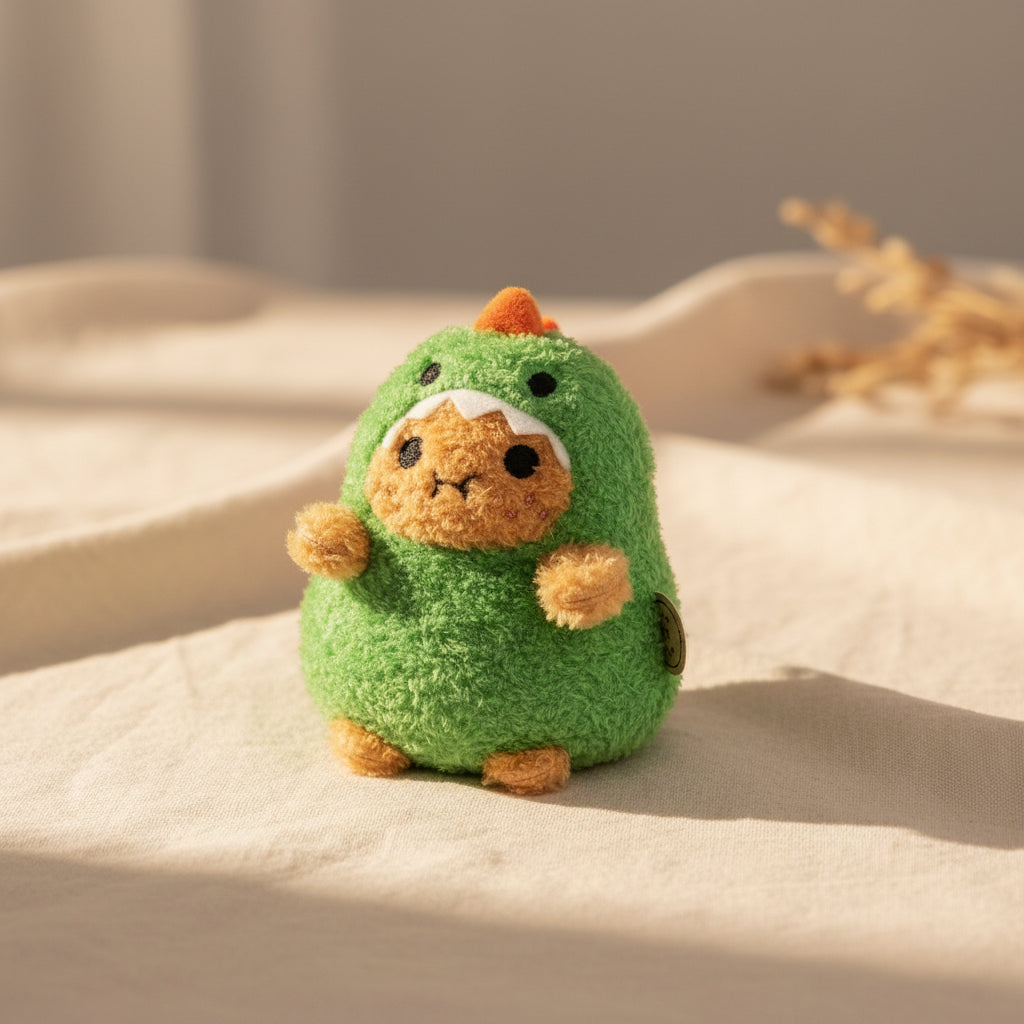 Green Dino Ricespud plushie peeking from a toothy hood with orange crest