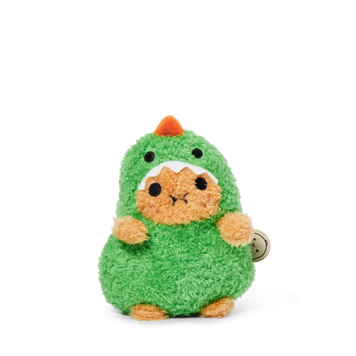 Green Dino Ricespud potato plush toy in a green dinosaur suit on white