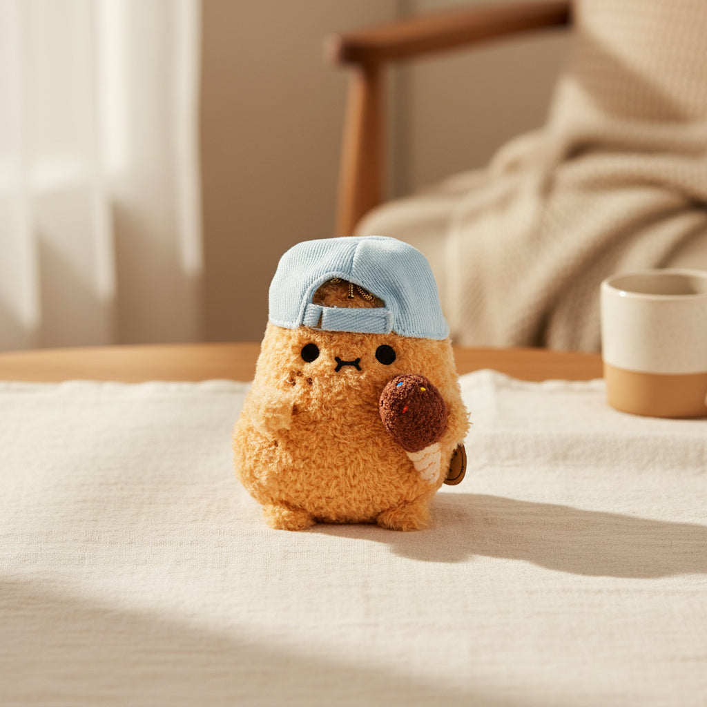 Hot Potato Ricespud plushie with blue cap and chocolate ice cream