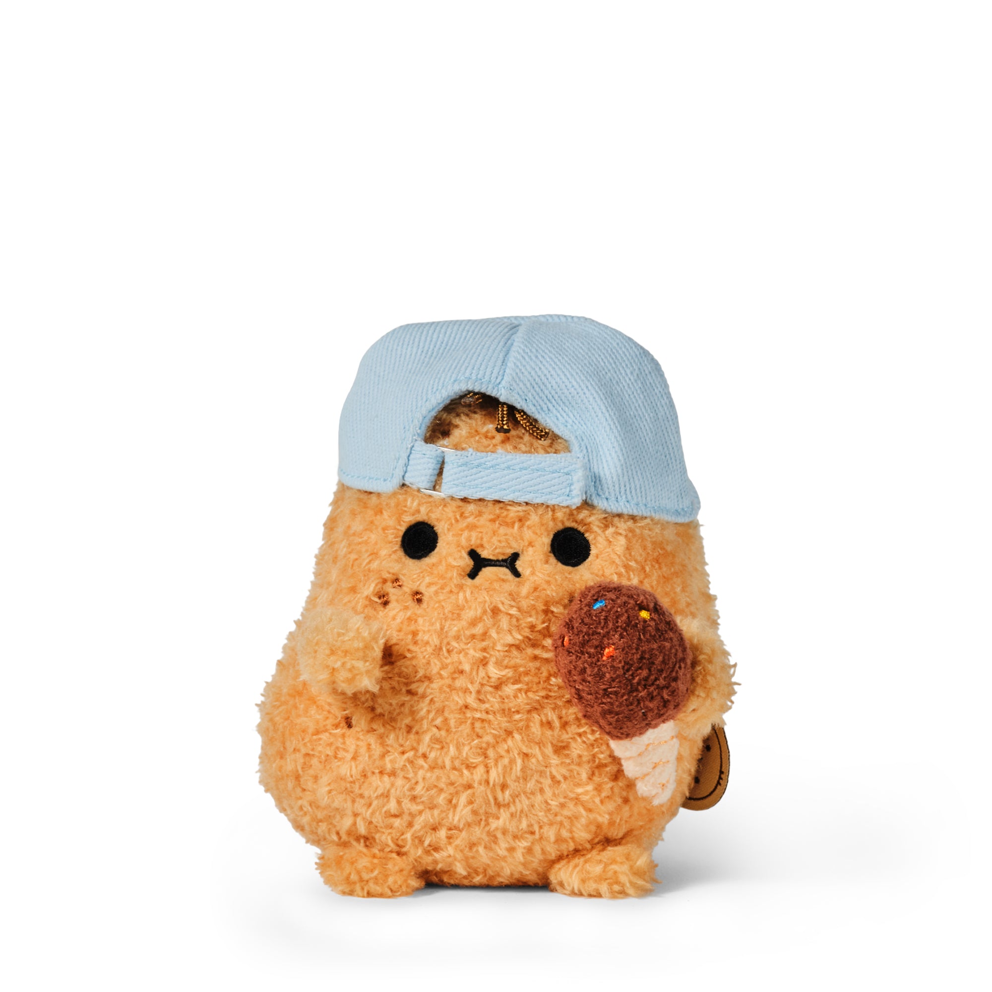 Hot Potato Ricespud plush toy in backwards cap holding an ice cream