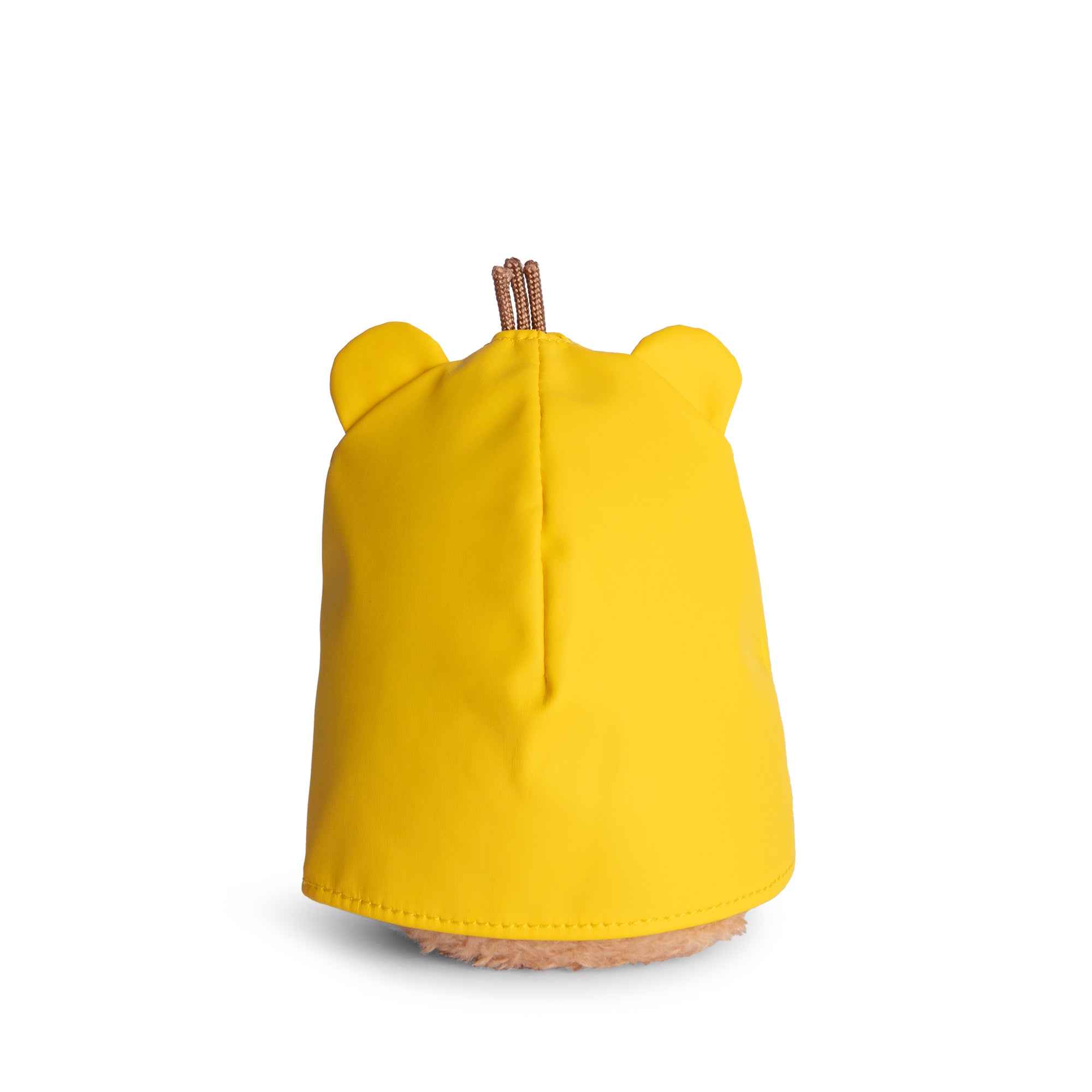 Mouse Boots Ricespud plush toy rear view of yellow raincoat hood