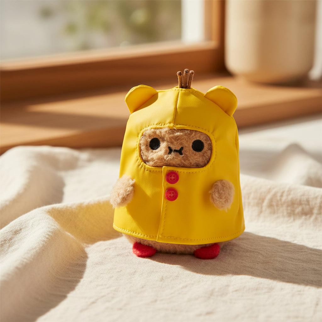 Mouse Boots Ricespud plushie in a yellow mouse eared raincoat