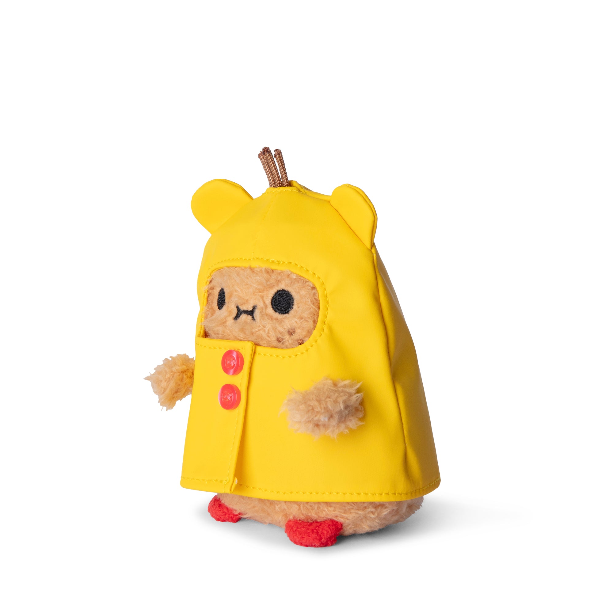 Mouse Boots Ricespud potato plushie side profile in raincoat