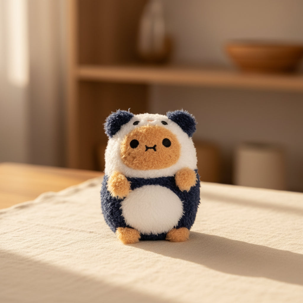 Panda Ricespud plushie peeking from a navy panda hood with white belly