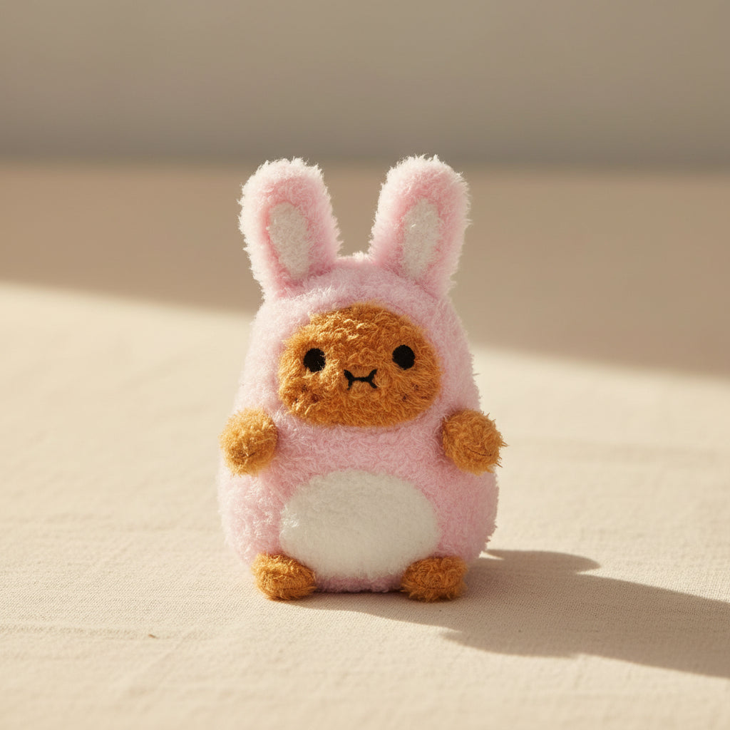 Pink Bunny Ricespud plushie with long ears and a soft cream belly