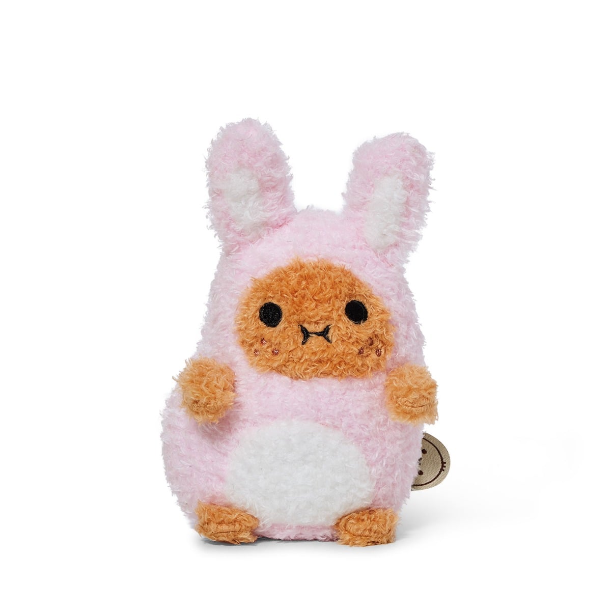 Pink Bunny Ricespud potato plush toy in a pale pink bunny suit on white