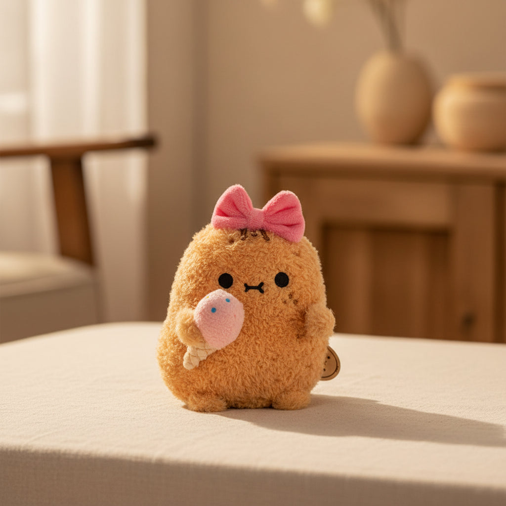 Pinky Ricespud plushie with pink ribbon bow and embroidered face