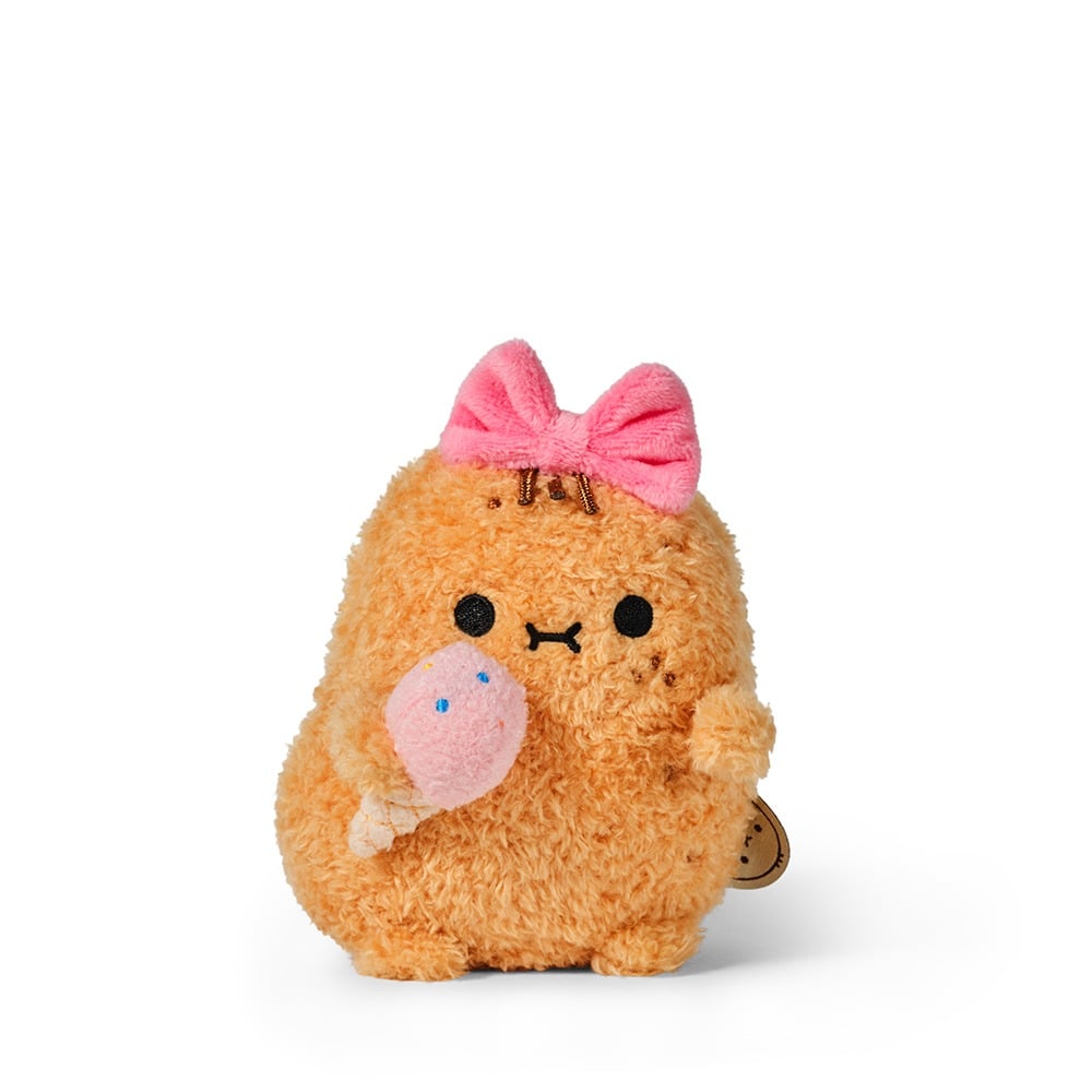 Pinky Ricespud potato plush toy with pink bow holding an ice cream