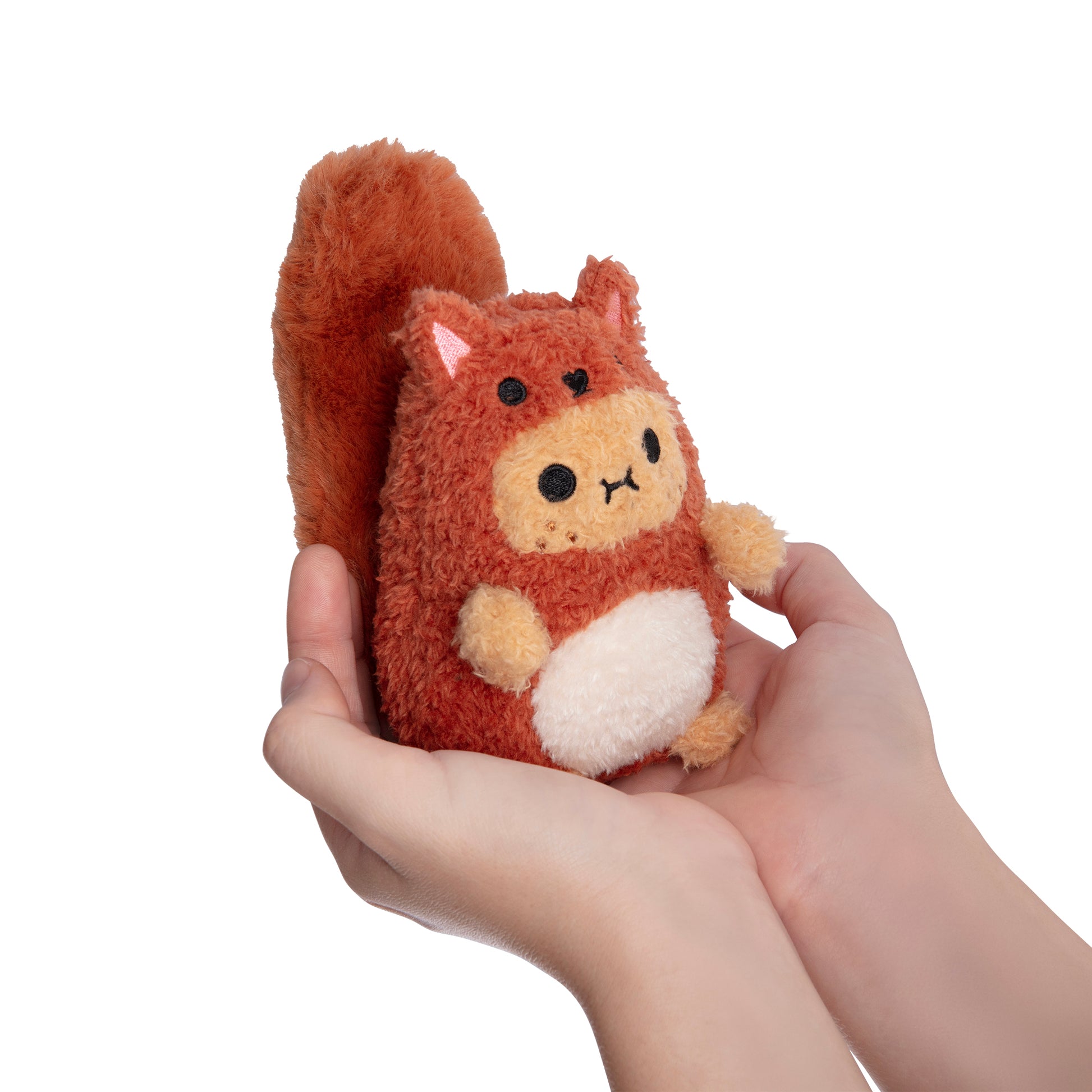 Red Squirrel Ricespud plush toy close up of small stubby hands