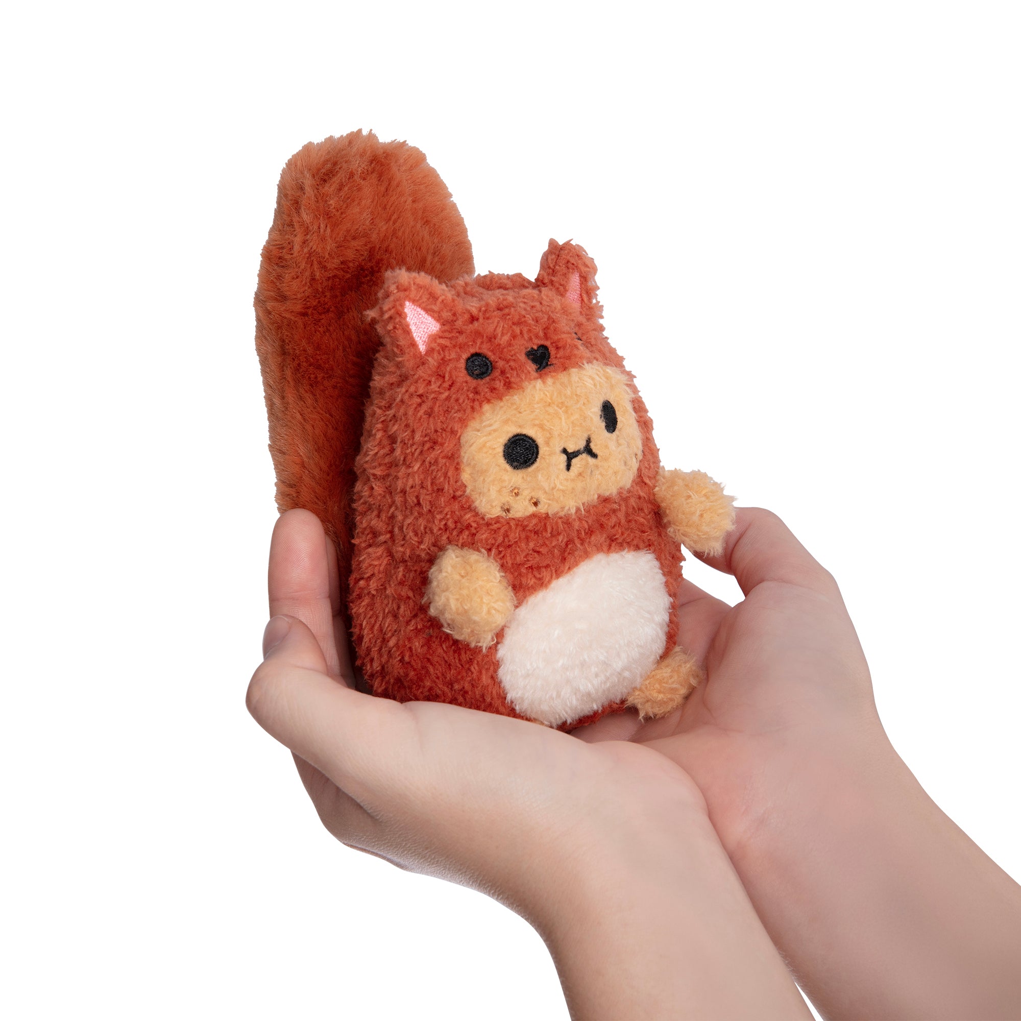 Red Squirrel Ricespud plush toy close up of small stubby hands