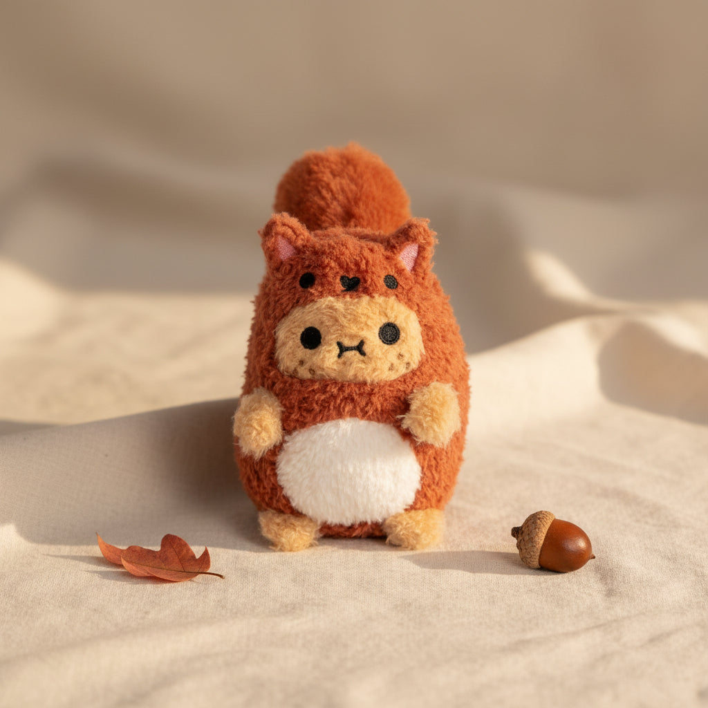 Red Squirrel Ricespud plushie with tufted ears and fluffy tail
