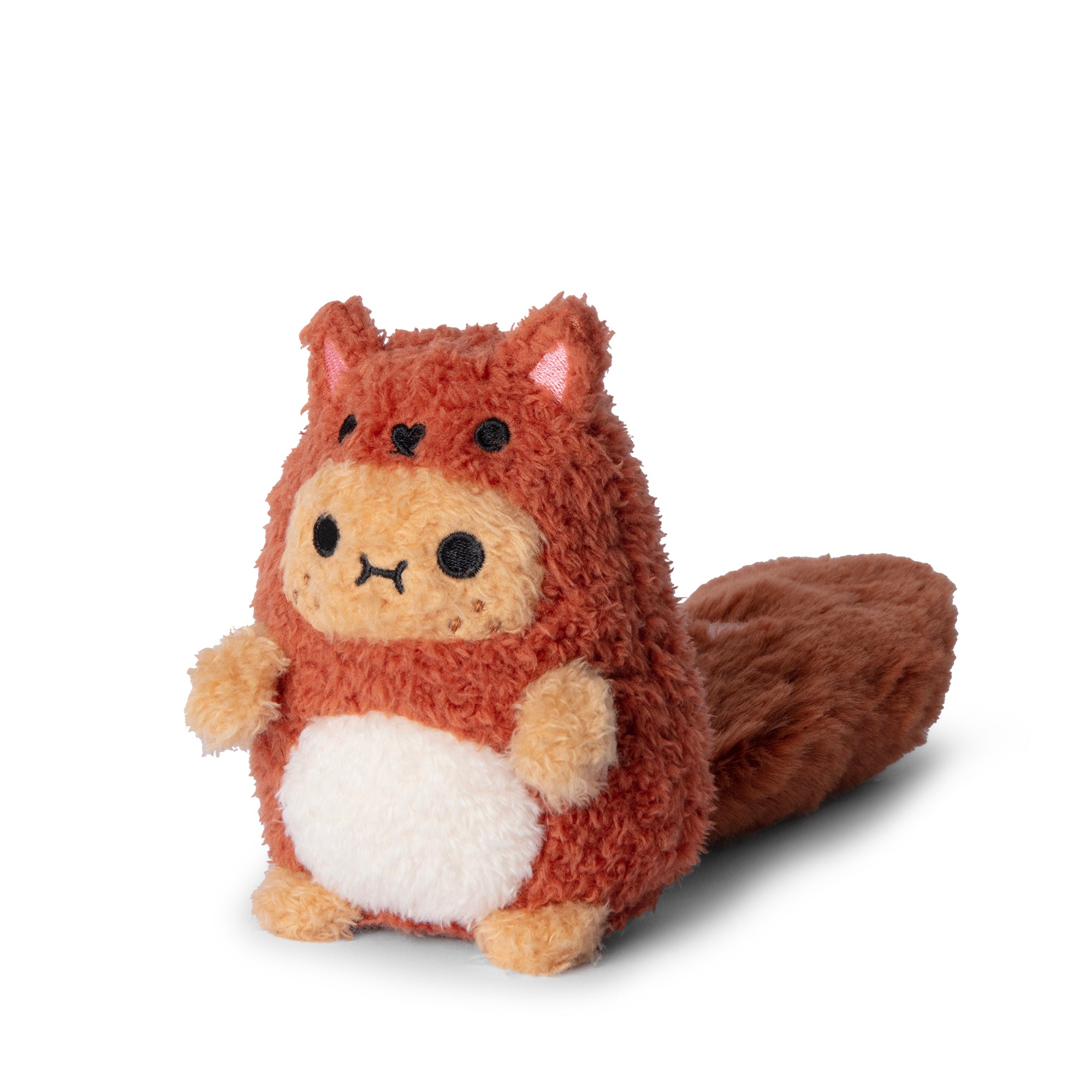 Red Squirrel Ricespud potato plushie side profile in red suit