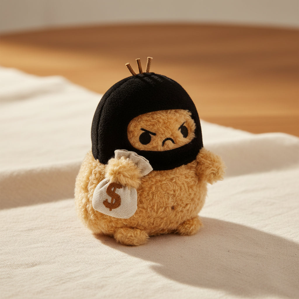 Robber Ricespud plushie with tufty hair peeking from a black hood