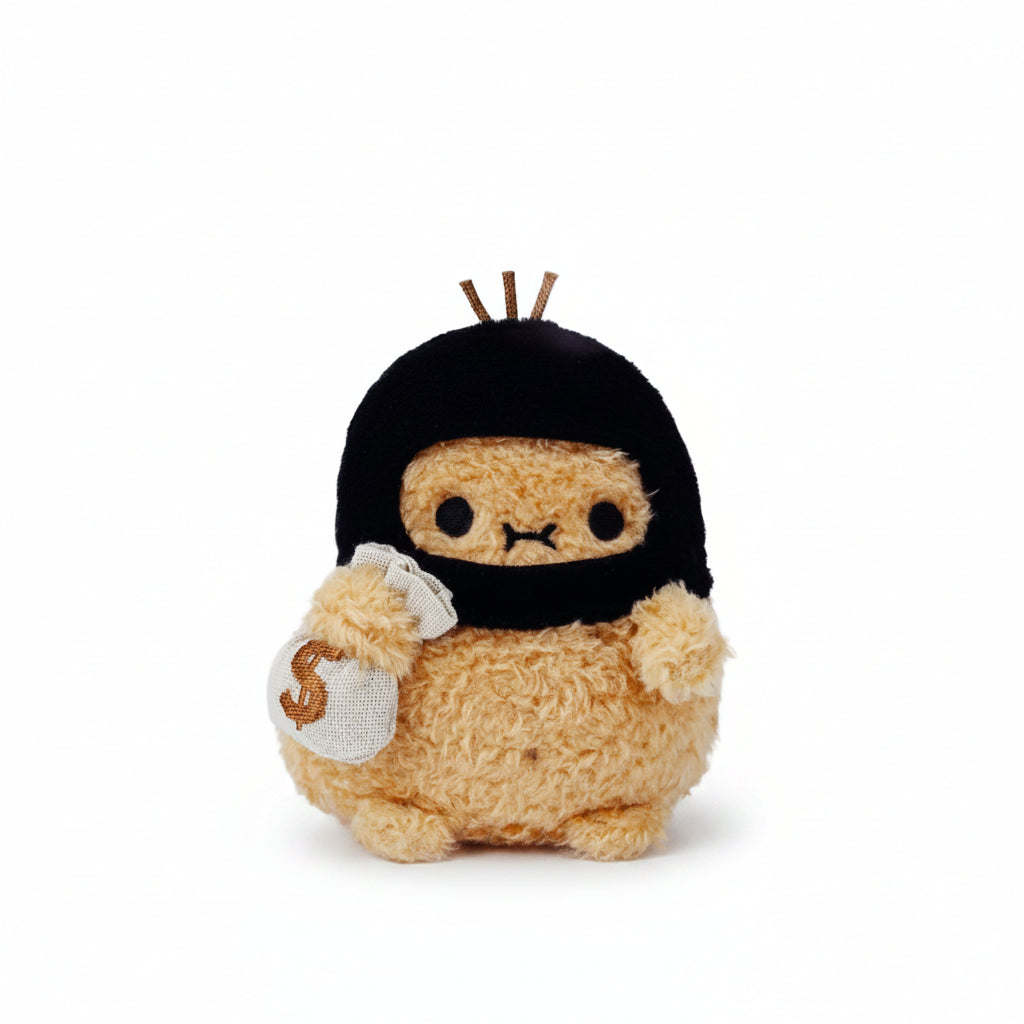 Robber Ricespud potato plush toy in black balaclava holding a money sack