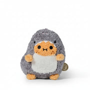 Sharkie Ricespud potato plush toy in grey shark suit on white background