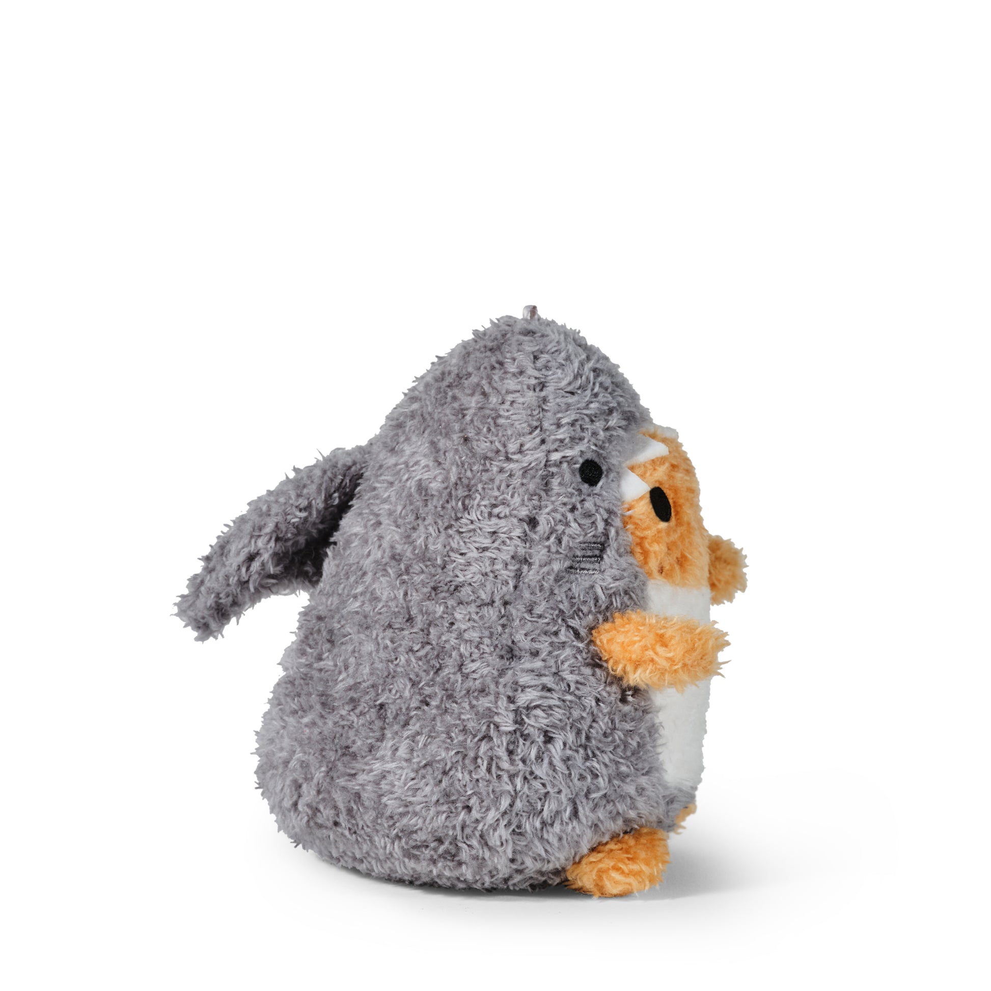 Sharkie Ricespud potato plushie side profile in shark costume