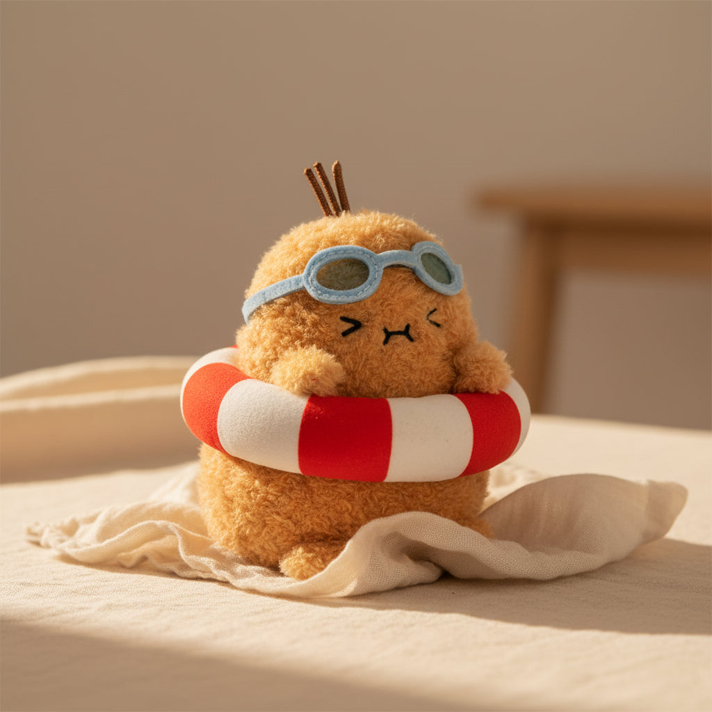Splashy Ricespud plushie wearing swimming goggles and a rubber ring