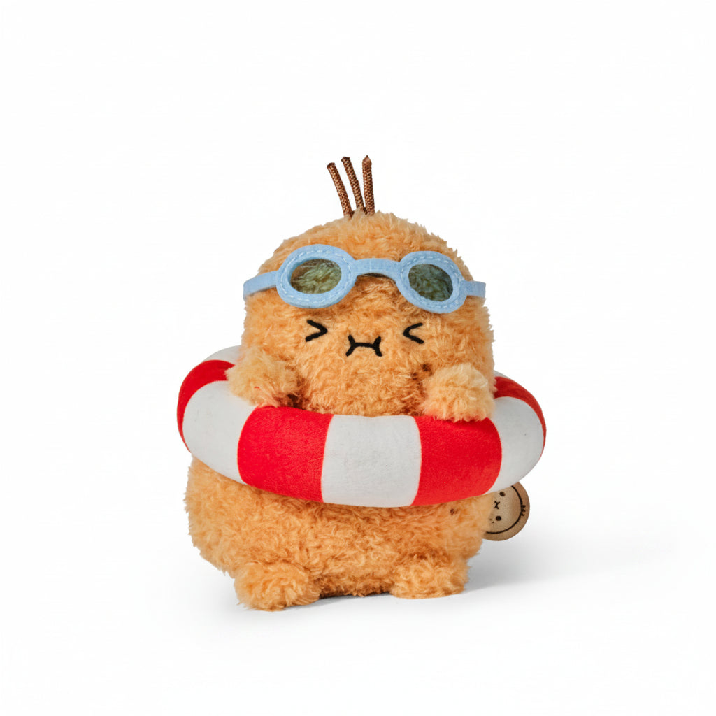 Splashy Ricespud plush toy with swim ring and goggles on white background