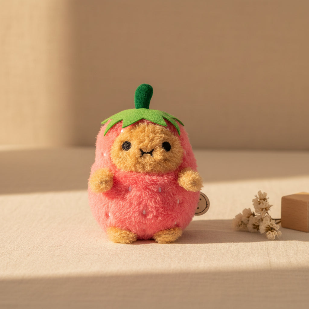 Strawberry Ricespud plushie wearing a leafy green hat and pink suit