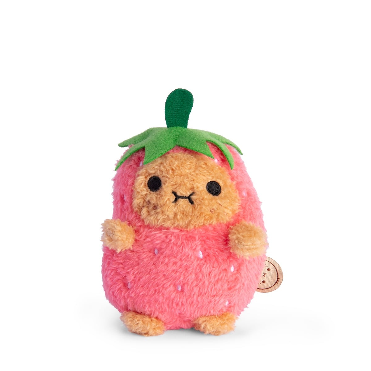 Strawberry Ricespud potato plush toy in pink strawberry suit on white
