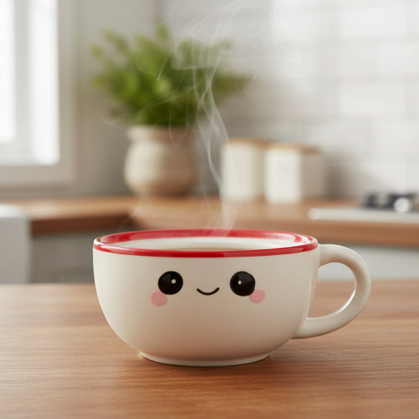 Nori the Ramen Ceramic Mug with red rim and smiling face on white base.