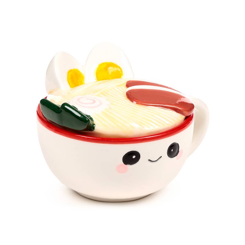 Close-up of Nori the Ramen Mug showing detailed noodle lid with egg and toppings.
