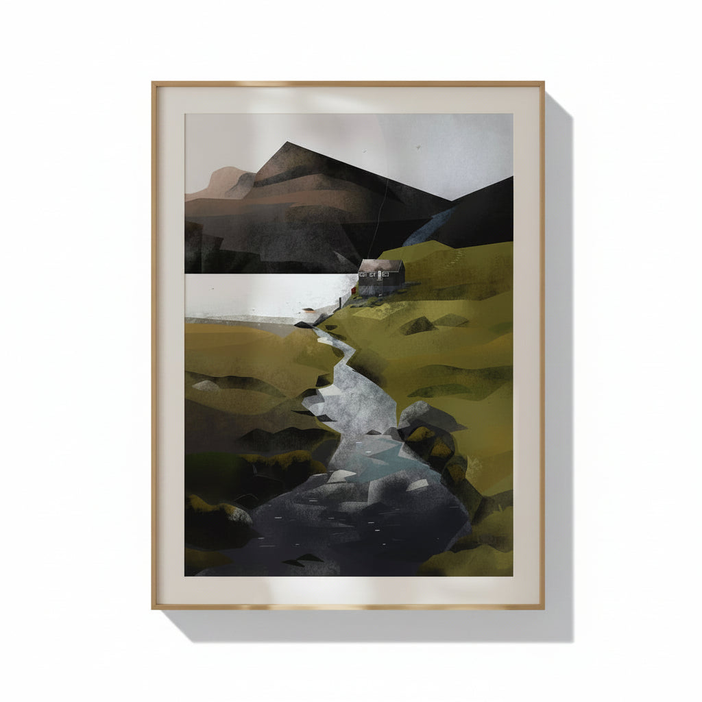 Framed artwork of a mountain landscape with a river on a beige wall.